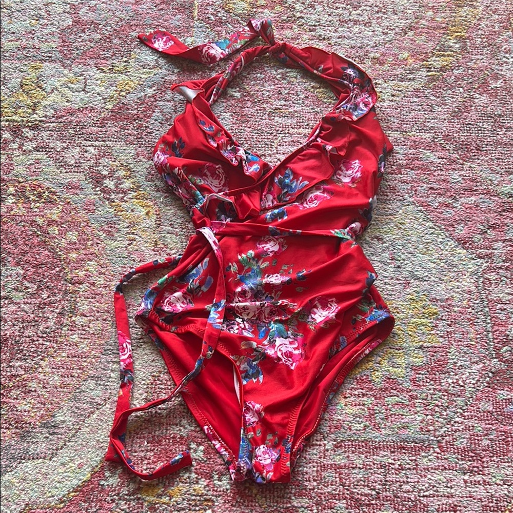 ModCloth Floral Red Halter Swimsuit